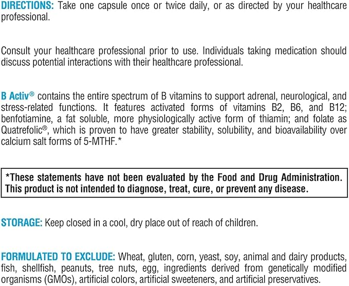 XYMOGEN B Activ Vitamin B Complex with Benfotiamine, Methylfolate, Biotin, Vitamin B6 & B12 (Methylcobalamin b12) - Energy Supplements for Adrenal & Mood Support (180 Capsules)