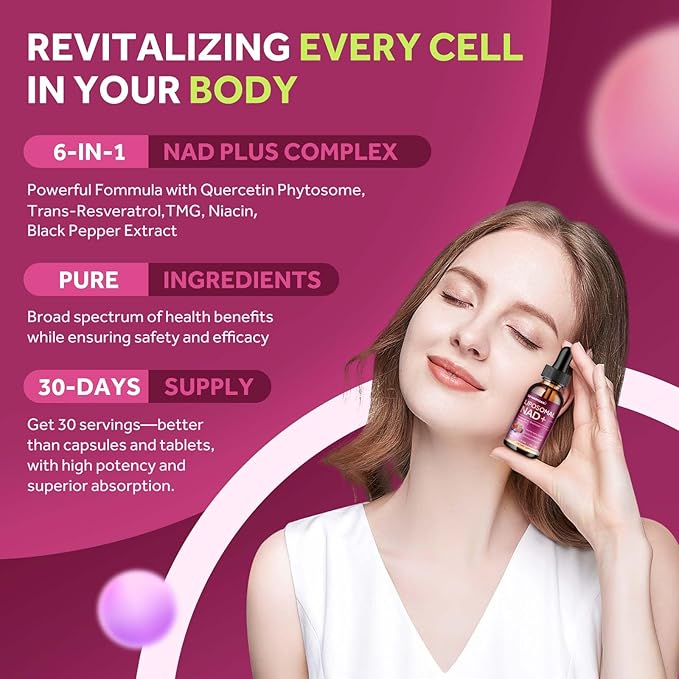 Liposomal NAD Supplement - 1200mg NAD+ Liquid Drops for Women & Men with Nicotinamide, Resveratrol, Quercetin, TMG, Black Pepper Extract - Brain & Cellular Mitochondrial Health, Anti-Aging, Longevity