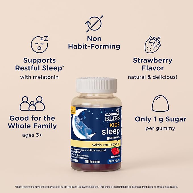 Mommy's Bliss Kids Sleep Melatonin Gummies, Non Habit-Forming with No Artificial Colors, Flavors or Gelatin - Age 3 Years+ - Strawberry Flavor - 100 Sleep Gummies,(Pack of 2)