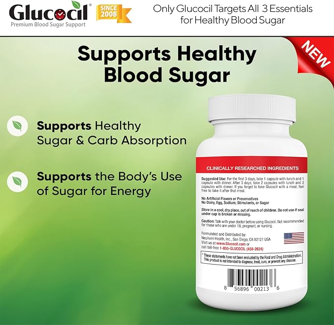 Glucocil – Vegetarian Capsules - Premium Blood Sugar Support - Supports the 3 Essentials for Healthy Blood Sugar - with Berberine, Proprietary Mulberry Leaf, and More