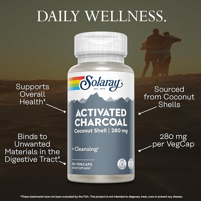SOLARAY Activated Charcoal Supplement - 280mg per Serving, Coconut Source, for Men & Women, Inner Cleansing & Digestive Tract Support for Adults, Non-GMO, Vegan, & Lab Verified - 90 Count VegCaps