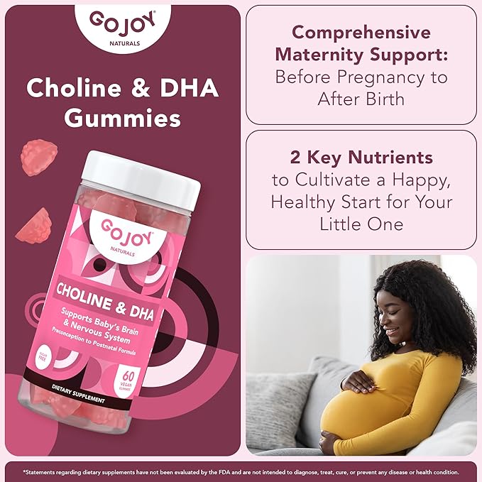GOJOY NATURALS Prenatal Gummies with Choline & DHA - Preconception, Pregnancy & Postnatal Vitamins for Women - Choline 250mg + DHA 150mg - Vegan, Sugar-Free, Non-GMO