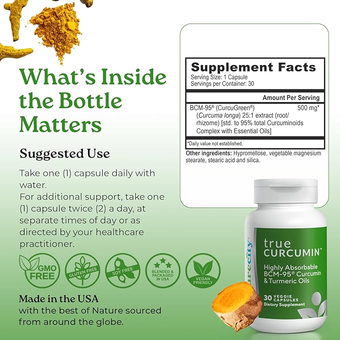 NatureCity True-Curcumin Turmeric Supplement | Non-GMO Tumeric and Curcumin 500mg Curcuma Capsules Vitamin Supplements | Up to 700% Increase in Absorption (30 Day Supply) | Supports Joints