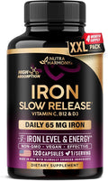 Iron Supplement for Women - Iron 65mg (Ferrous Sulfate 325mg) - Stomach Friendly | Slow Release Iron | High Absorption - Vitamins C, D3, B6, B12 & Folate - Iron Level & Energy Support - 120 Capsules