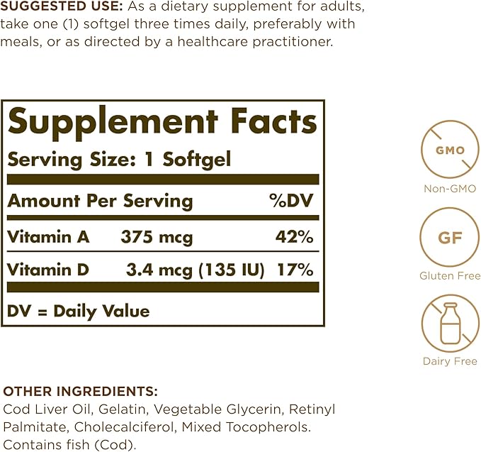 Solgar Cod Liver Oil - 250 Softgels, Pack of 2 - Provides Vitamins A & D - Non-GMO, Gluten Free - 500 Total Servings