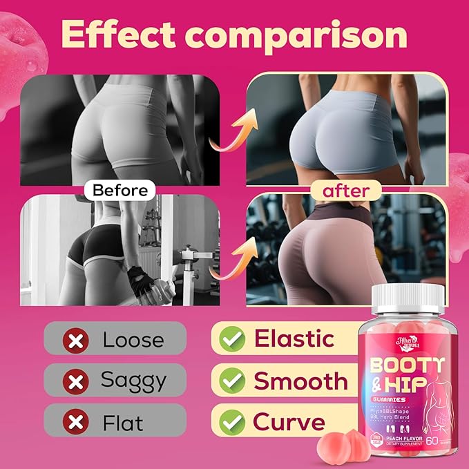 Booty Gummies for Women - BBL Gummies with Bovine Collagen Peptides - Herbal Blend with Aguaje, Fenugreek, Kwao Krua, Wild Yam, Blessed Thistle, Vitamin C & Zinc - Delicious Peach Flavor