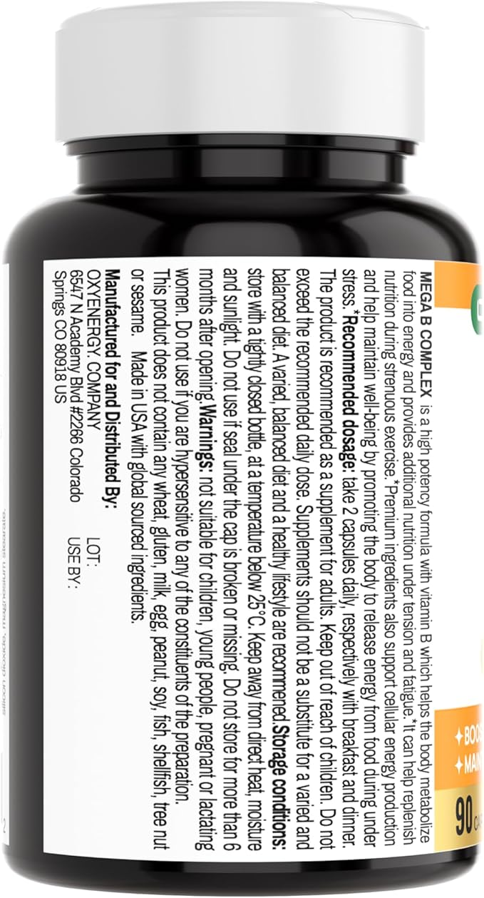 OxyEnergy Mega Vitamin B Complex for Women and Men, with Choline Inositol Biotin Folic Acid B1 B2 B3 B5 B6 B12, Neurological Health Support Cellular Energy - 90 Capsules,45Days Supply
