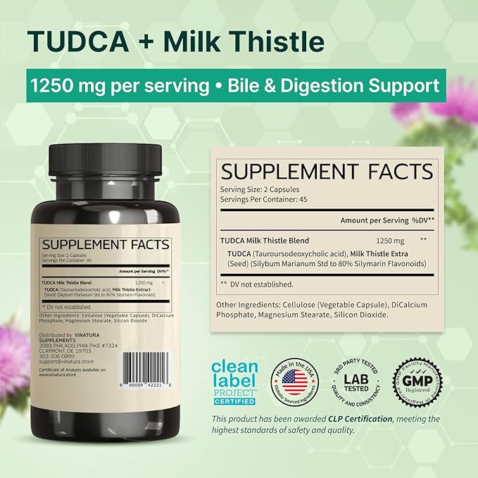 VINATURA TUDCA Milk Thistle 1250mg - Tudca Supplement, Tudca Bile Salts, Liver Support, Gallbladder Supplements *USA Made and Tested* Bile Salts Supplement - 90 Capsules