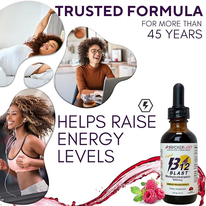 Bricker Labs B12 Blast Methylcobalamin 5000mcg, Great Tasting Sublingual Liquid Energy Vitamins -Vegan B12 Vitamins, Sustained Energy and Cellular Health Supplement - 59-Day Servings