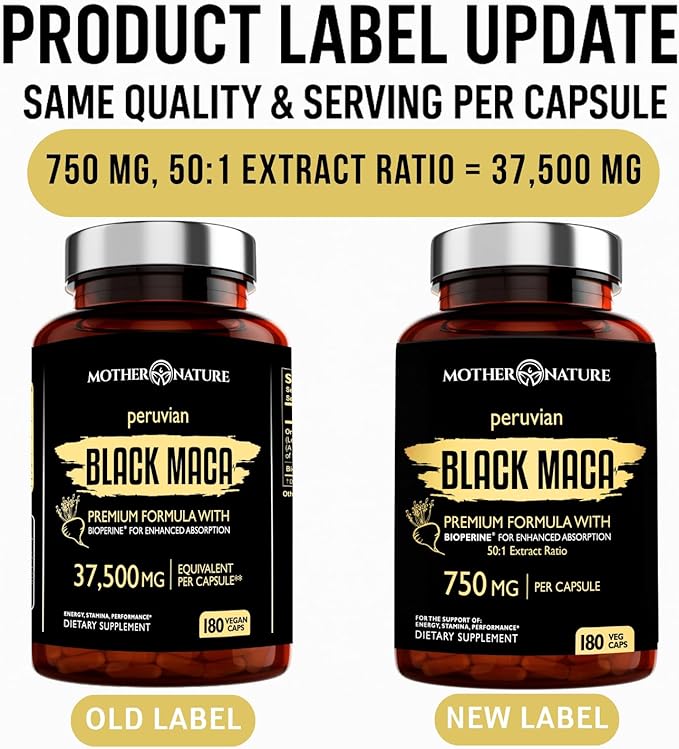 Black Maca Root 50:1 750mg – 180 Capsules Organic Peruvian Maca Peruana Supplement for Men | High Potency Energy, Mood & Performance Support | Vegan, Non-GMO