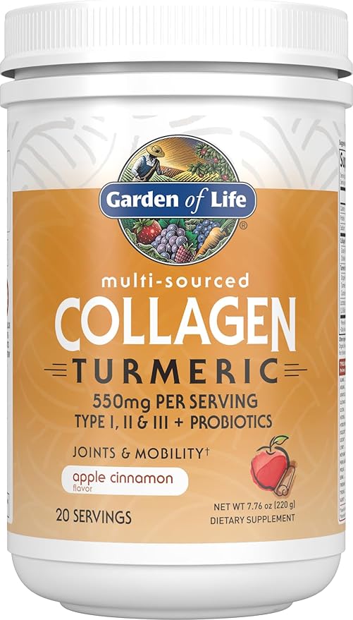 Garden of Life Multi-Sourced Collagen Peptides + Turmeric Powder - Apple Cinnamon, 20 Servings, for Women Men Joints Mobility, Hydrolyzed Collagen Protein Powder Supplements