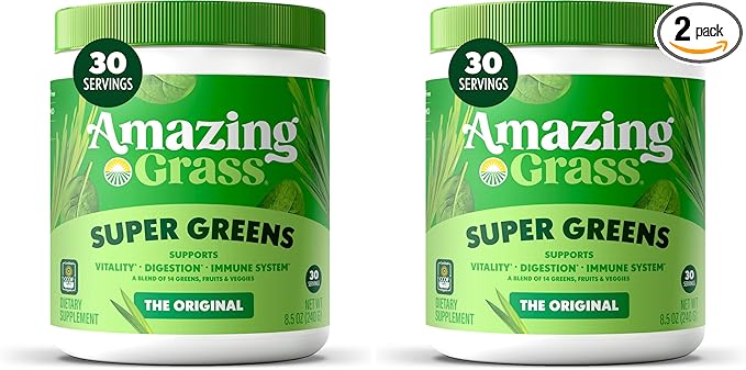 Bundle of Amazing Grass Greens Superfood Powder: Greens Powder with Digestive Enzymes & Probiotics, Organic Spirulina, Chlorella, and Beet Root Powder, Original, 30 Servings (60 Total Servings)