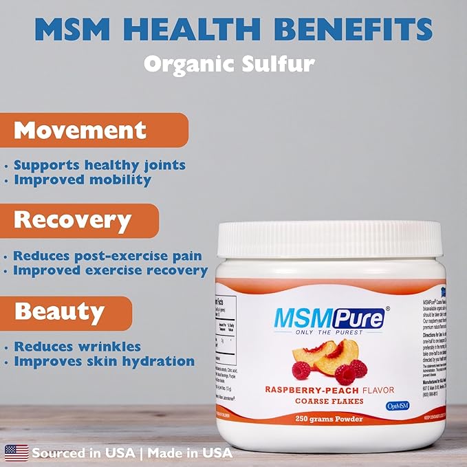 KALA HEALTH MSMPure Raspberry Peach Flavored Coarse MSM Powder Flakes – US-Made MSM for Joint Health, Skin Appearance, and Hair & Nail Support – 8.8 oz, Organic Sulfur