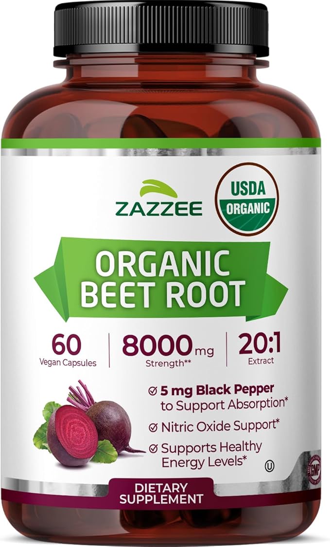 Zazzee USDA Organic Beet Root 20:1 Extract, 60 Vegan Quick Release Capsules, 2 Month Supply, Nitric Oxide Support, Black Pepper Extract for Enhanced Absorption, Certified Kosher, Non-GMO, Made in USA