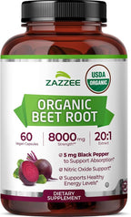 Zazzee USDA Organic Beet Root 20:1 Extract, 60 Vegan Quick Release Capsules, 2 Month Supply, Nitric Oxide Support, Black Pepper Extract for Enhanced Absorption, Certified Kosher, Non-GMO, Made in USA