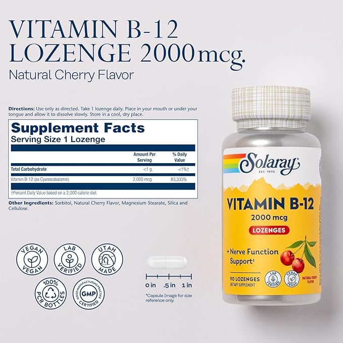 SOLARAY Vitamin B12 2000 mcg Lozenges - No Sugar, Natural Cherry Flavor Vitamin B 12 Supplement for Nerve Function, Energy and Red Blood Cell Support - Lab Verified, Vegan - 90 Servings, 90 Lozenges