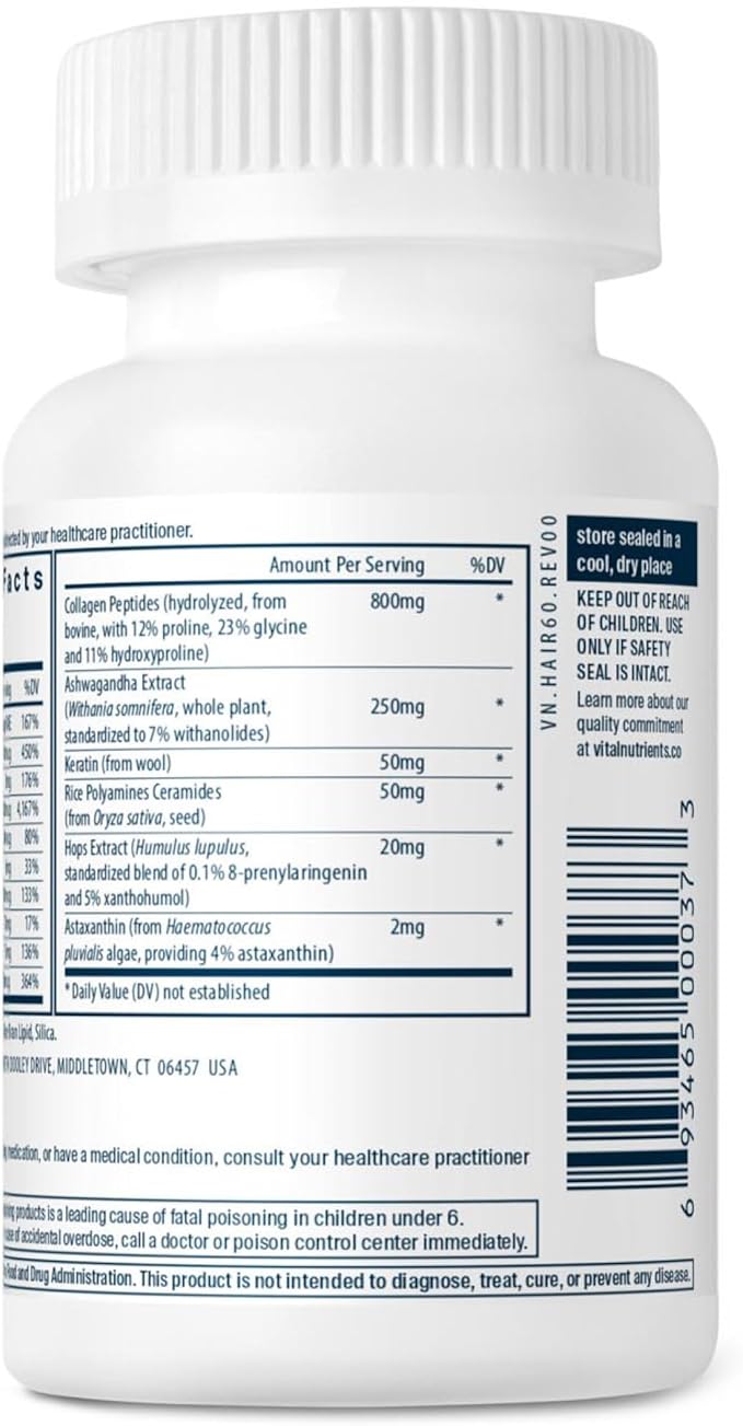 Vital Nutrients Hair Growth Vitamins Complex for Women - Hair Growth Supplement Supports Fuller, Thicker, Stronger with Keratin, Ashwagandha, Hops and Biotin - Vegan, Dairy, Gluten Free - 60 Count