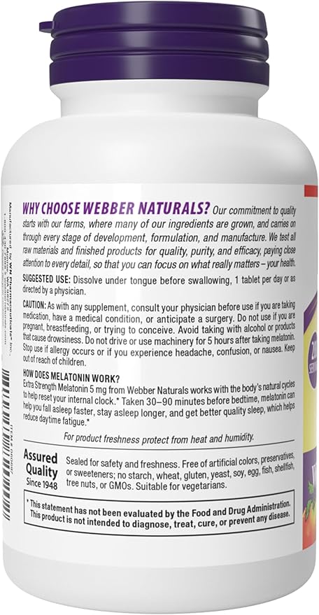 Webber Naturals Extra Strength Melatonin 5mg, Fast-Melting Tablets, 200 Day Supply, 100% Drug Free Sleep Supplements for Adults, Peppermint Flavored, Gluten Free, Non-GMO, Vegetarian Formula