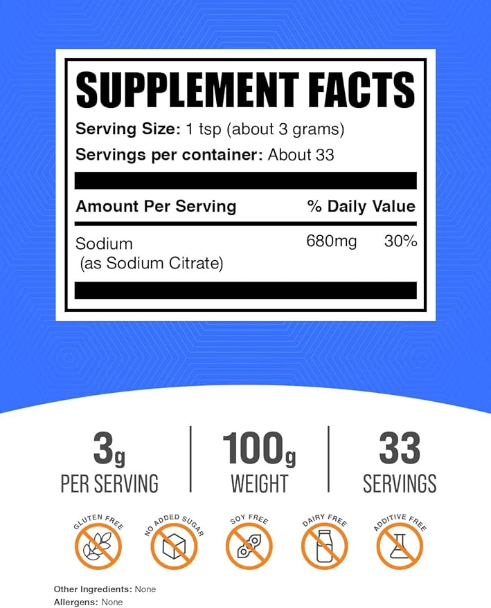 BulkSupplements.com Sodium Citrate Powder - Sodium Citrate Food Grade, Emulsifier, Flavor Enhancer - Gluten Free, 3g per Serving, 100g (3.5 oz) (Pack of 1)