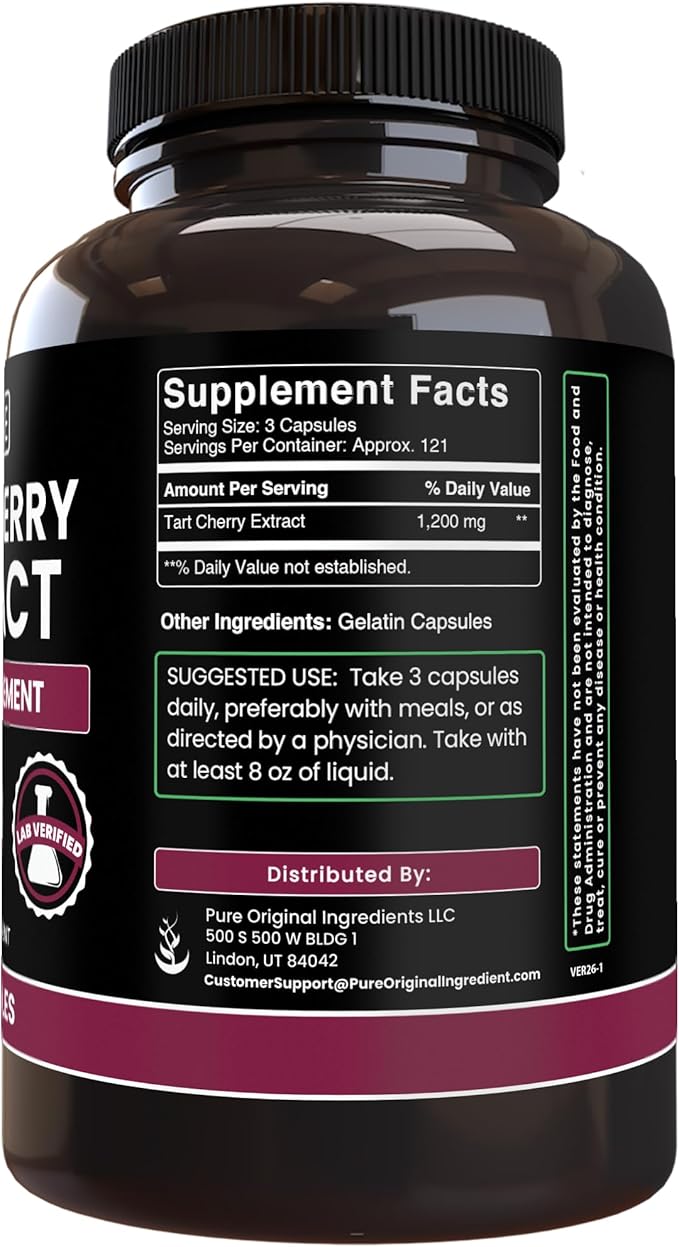 PURE ORIGINAL INGREDIENTS Tart Cherry Extract (365 Capsules) No Magnesium Or Rice Fillers, Always Pure, Lab Verified