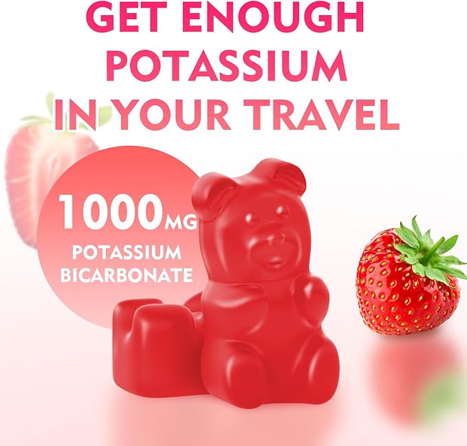2 Pack Potassium Gummies 1000mg, Potassium Bicarbonate Supplement for Adults & Kids, Potassium Supplement for Electrolyte Balance & Muscle Heath, Sugar-Free, Strawberry Flavor, 120 Count