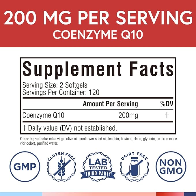 Terranics CoQ10 200mg, Coenzyme Q10 Supplement with Extra Virgin Olive Oil for Enhanced Absorption, Made in USA, Supports Heart Health, Antioxidant Protection, Energy Production, Non-GMO, 240 Softgels