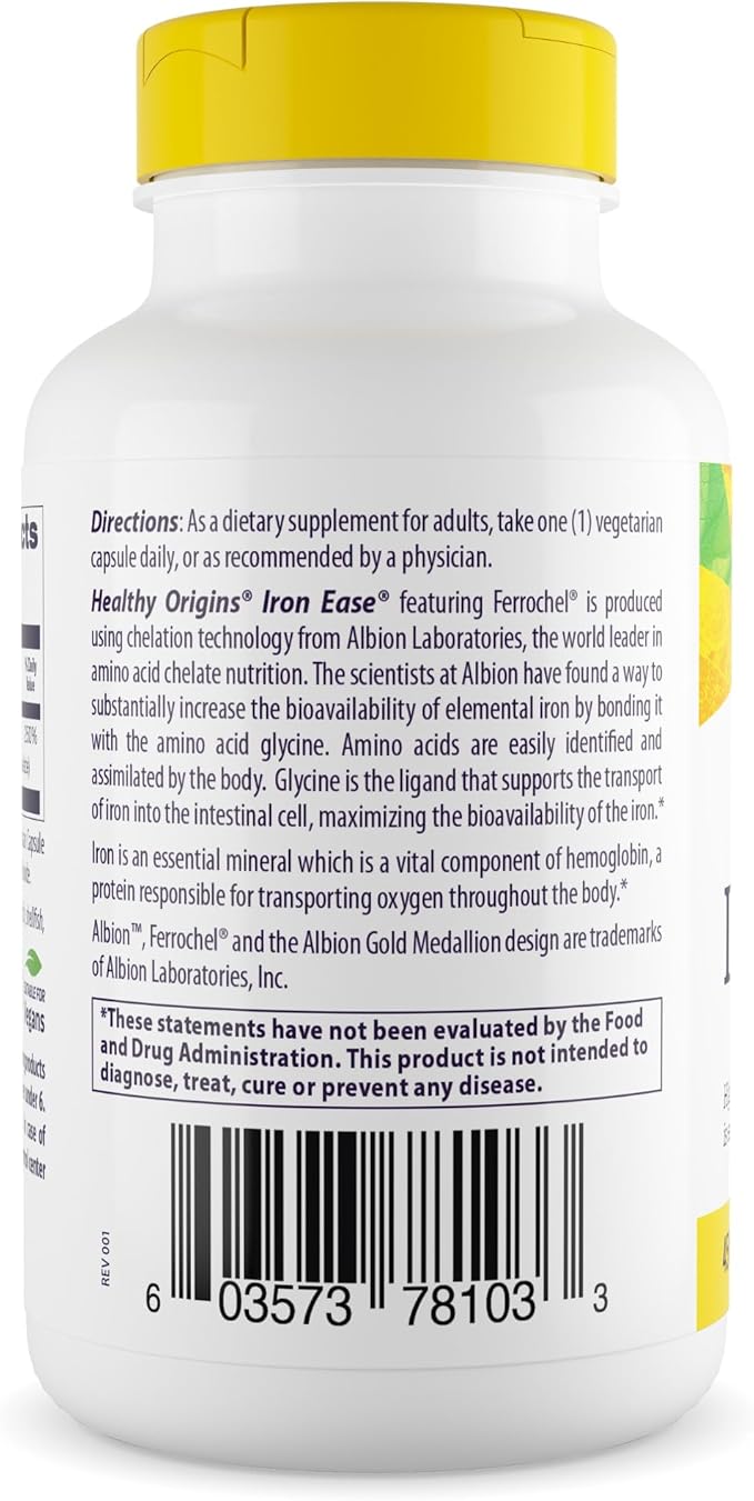 Healthy Origins Iron Ease 45 mg, 180 Veggie Capsules - Albion Ferrochel Ferrous Bisglycinate Chelate - Gentle, Non-Binding & Bioavailable, Supports Blood Cell Health & Energy Levels - 6 Month Supply