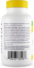 Healthy Origins Iron Ease 45 mg, 180 Veggie Capsules - Albion Ferrochel Ferrous Bisglycinate Chelate - Gentle, Non-Binding & Bioavailable, Supports Blood Cell Health & Energy Levels - 6 Month Supply