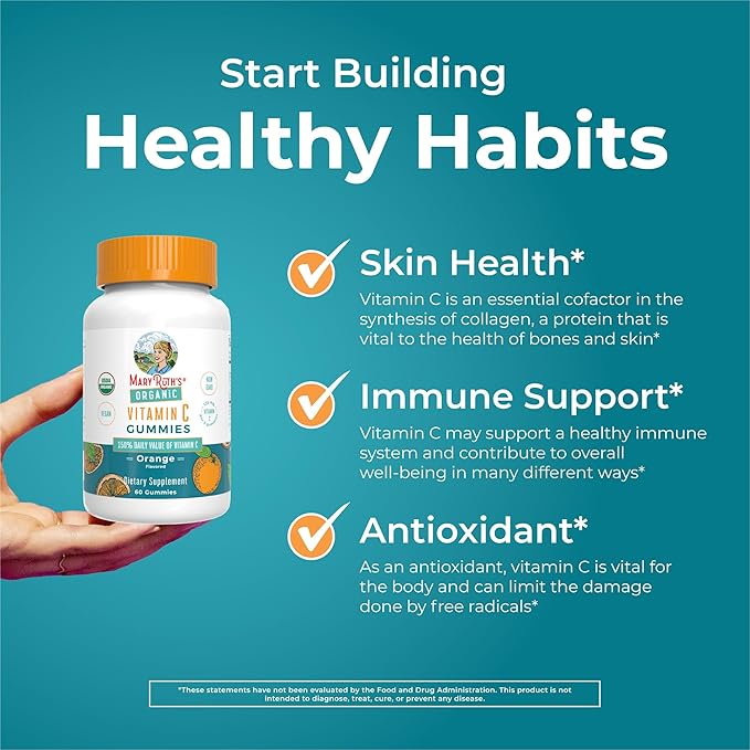 MARYRUTH'S Adult Vitamin C Gummies | USDA Organic | Vegan Chewable Vitamin C Gummies for Ages 14+ | for Immune Support & Overall Wellness | Vegan | Non-GMO | Orange Flavor | 60 Count