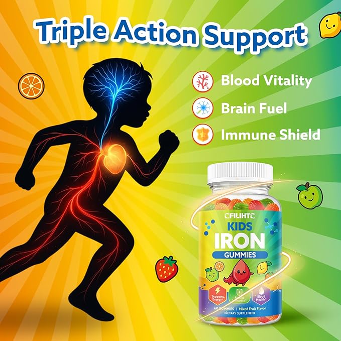 Iron Gummies for Kids & Teens, Kids Multivitamin with Iron Supplement, Calcium, Folate, Zinc, Prebiotic - for Blood Builder & Energy Support, Iron Deficiency - Vegan & Non-GMO - Mixed Fruits Flavor