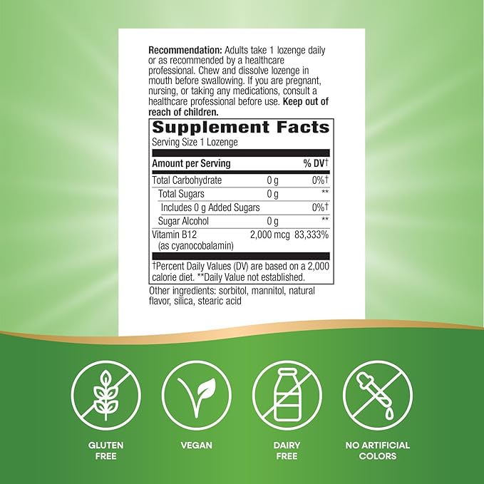 Nature’s Way Vitamin B-12 Lozenges, 2,000 mcg Vitamin B12 per Lozenge, Supports Cellular Energy & Nerve Function*, No Gluten, Vegan, Cherry Flavored, 100 Count (Packaging May Vary)