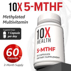 10X Health 5-MTHF Methylfolate - Methylated Folate & Magnesium for Brain, Heart Health, DNA & Neurotransmitter Synthesis - Bioavailable Methyl Folate Supplement - Methylfolate Supplement 60 Capsules