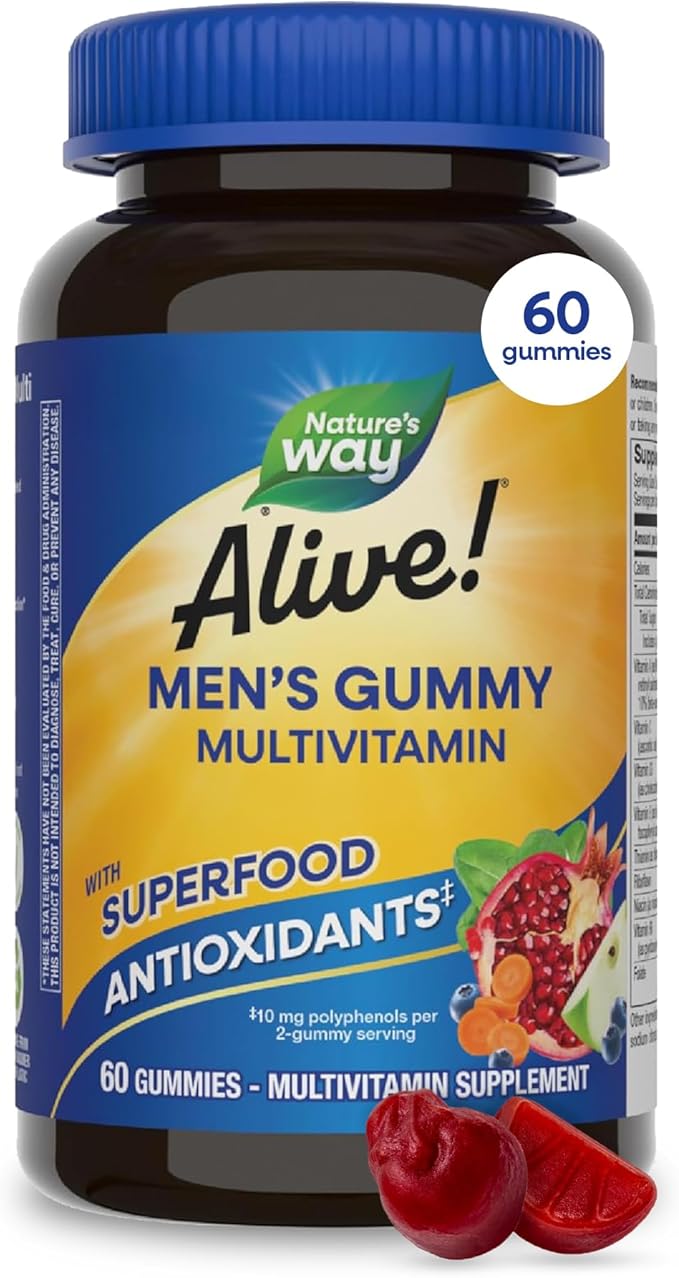 Nature's Way Alive! Men’s Multivitamin Gummies, Daily Gummy Vitamin for Men, Supports Cellular Energy Metabolism, Immune Health, Muscle Function*, with Vitamins A, C, D3, Zinc, Vegetarian, 60 Count