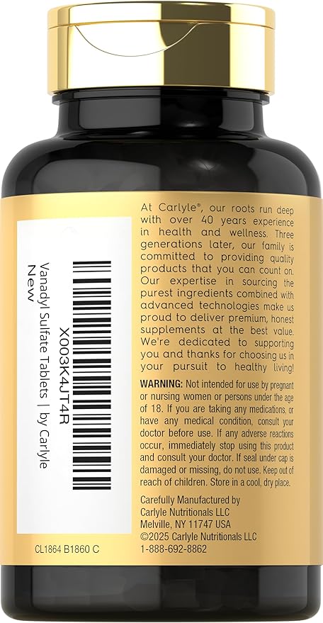Carlyle Vanadyl Sulfate 10mg | 180 Tablet Capsules | with Chromium Picolinate | Vegetarian, Non-GMO, Gluten Free Supplement