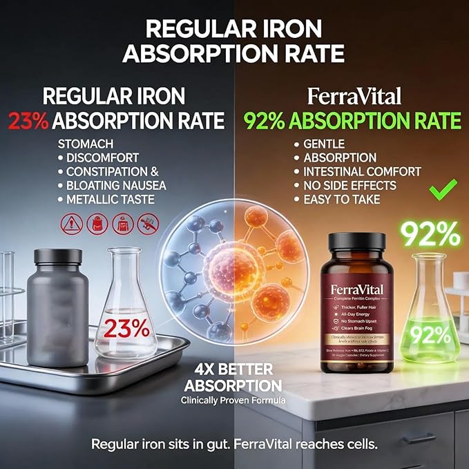Ferritin Support Iron Supplement for Women – Supports Healthy Iron & Energy Levels – with Ferrous Glycine,Vitamin C, B12, B6, Folate, Zinc & Probiotics – 60 Capsules(1pc)