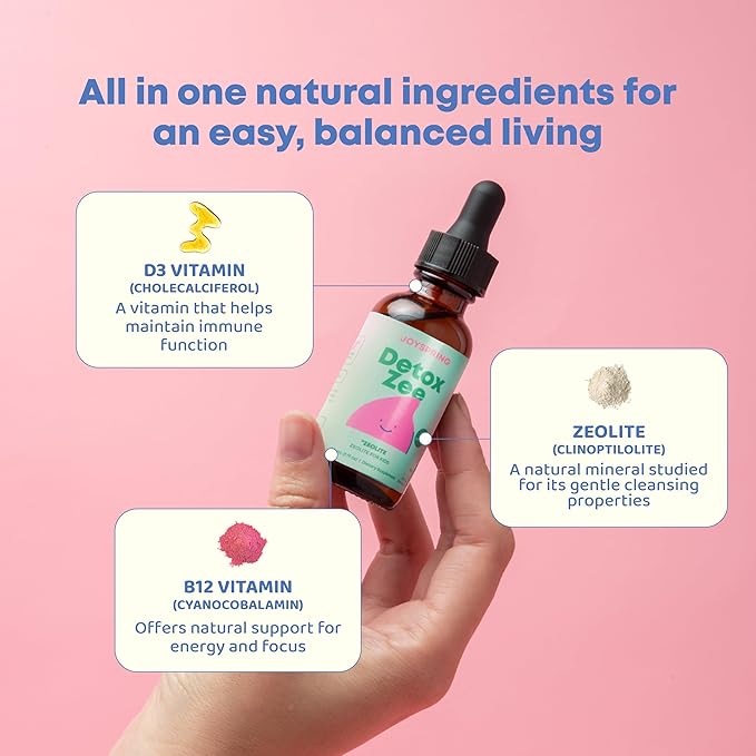 JoySpring DetoxZee Zeolite for Kids – Zeolite Clinoptilolite Drops with Cyanocobalamin B12 & Vitamin D3 Kids Support – Natural Berry Flavor Liquid | (2fl oz) 60 Servings