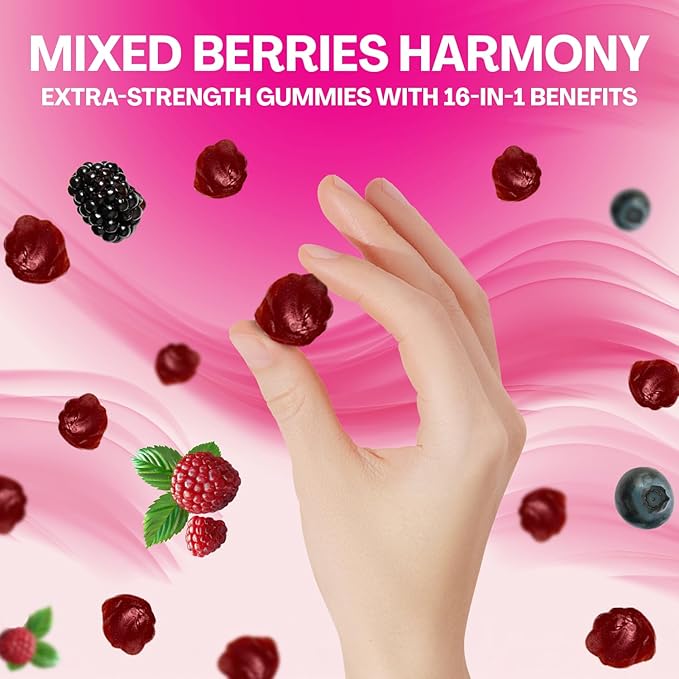 Myo-Inositol & D-Chiro Inositol Gummies with Berberine, Vitamins D3+K2, B12, Folate, Zinc, Magnesium, Ashwagandha, Chasteberry, Bioperine, DIM - 16 in 1 Supplement - Mixed Berry Flavor - 90 Gummies
