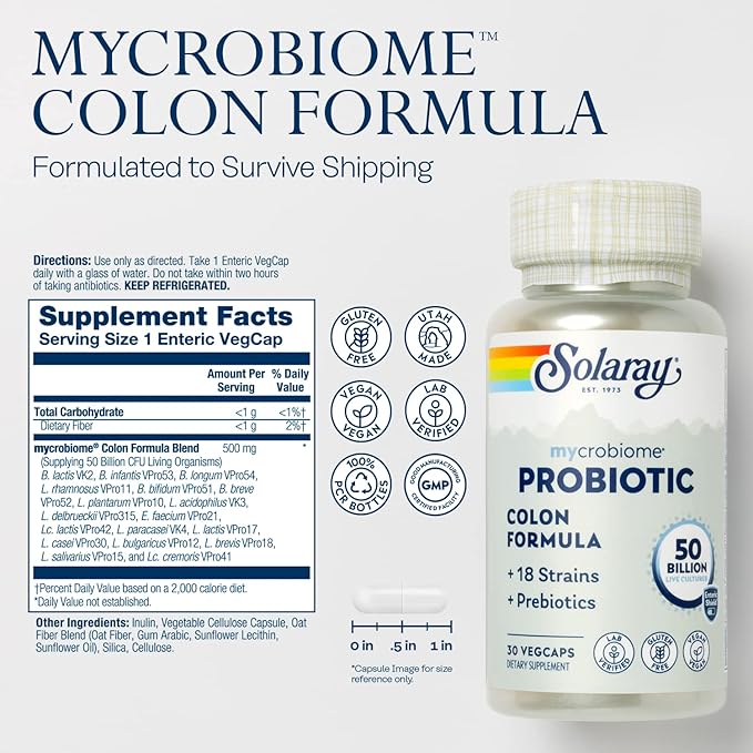 SOLARAY Mycrobiome Probiotic Colon Formula, Vegan, Digestive Function, Colon Health, and Immune System Support, 50 Billion CFU, 18 Strains, Prebiotic Inulin, 60-Day Guarantee, 30 Servings, 30 VegCaps