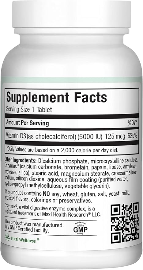 Vitamin D3 5000 IU (125 mcg) - High Dose Vitamin D 5000 IU for Healthy Bones, Teeth, Immune Support - Kosher Non GMO - High Potency Vit D3 - Pure Vitamin D Supplements for Women and Men - 180 Tablets