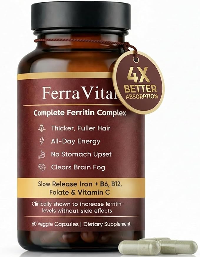 Ferravital Ferritin Support, Ferritin Supplement for Women, Daily Iron Supplement with Iron Bisglycinate Lactoferrin Vitamin C B12, Gluten Free & Non-GMO, 60 Capsules (A)