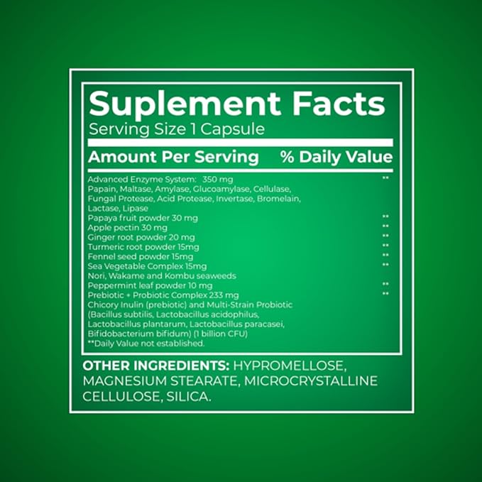 Digestive Enzymes – 60 Vegetarian Capsules, Enzimas Digestivas with Probiotics and Prebiotics, Enzymes for Digestion, Daily Digestive Health Supplement (Pack of 1)
