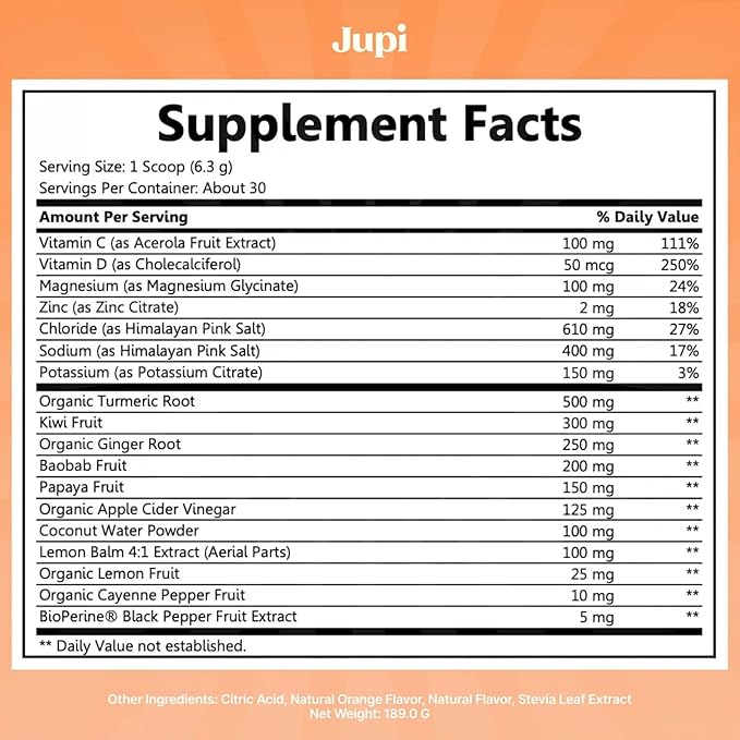 Jupi Hydration & Wellness Powder – Turmeric & Ginger shots, Vitamin C Supplement for Energy, Immune Support & Digestive Health – Vegan, Gluten-Free Drink Mix for Men & Women, Citrus Flavor 30 servings