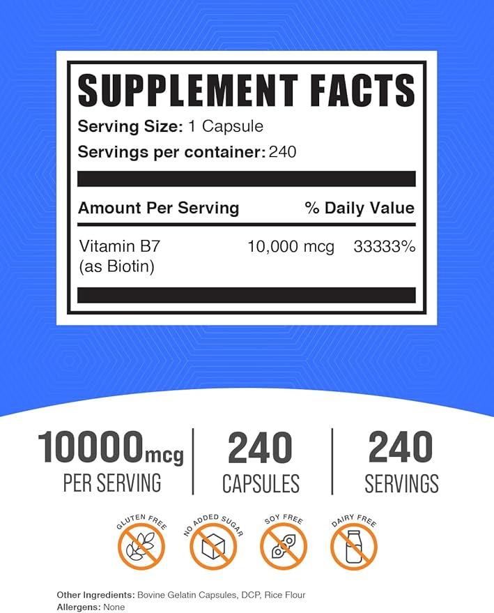 BulkSupplements.com Biotin 10000mcg Capsules - Biotin Supplement, Biotin Vitamins for Hair, Skin and Nails, Vitamin B7 - Gluten Free, 1 Capsule per Serving, 240 Capsules (Pack of 1)