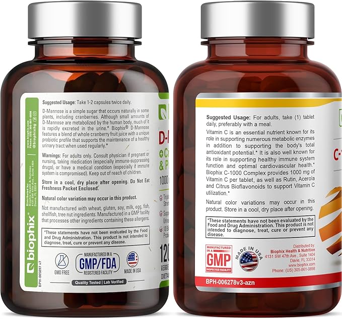 biophix D-Mannose Plus Cranberry Probiotics 1000 mg 120 Vcaps - Free Vitamin C-1000 30 Tablets - Supports Urinary Bladder Tract Health and Digestive Well Being