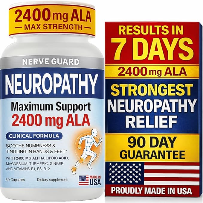 Neuropathy Support Supplement with 2400 mg Alpha Lipoic Acid to Reduce Nerve Discomfort in Feet Hands Toes – Max Strength 2400mg ALA, Vitamins B12 B6 & B1, Magnesium, Turmeric – 60 Capsules