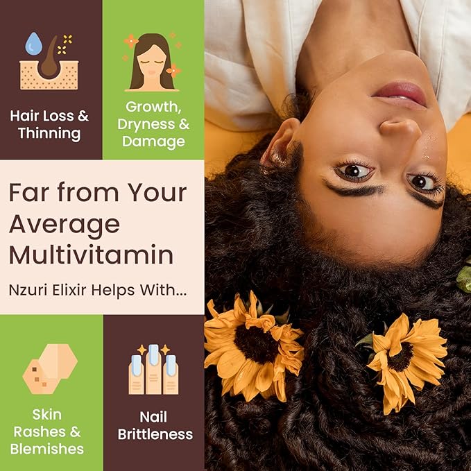 Nzuri Elixir Hair Skin and Nails Vitamins for Women and Men with Biotin, Folate, and Vitamin D for Daily Growth Supplement to Reducing Dryness, Thinning, and Loss, 32 oz.