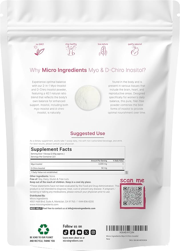 Micro Ingredients Myo-Inositol with D-Chiro Inositol Powder & Women’s Probiotics 100 Billion CFU Veggie Capsules | 2 Pack Bundle | 40:1 Ideal Ratio | 40 Strains + Cranberry & D-Mannose