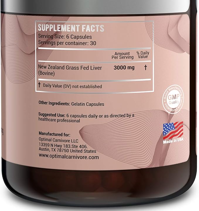 Optimal Carnivore Grass Fed Beef Liver Capsules, Freeze Dried in Convenient Pills, 180 Capsules, Desiccated Supplement