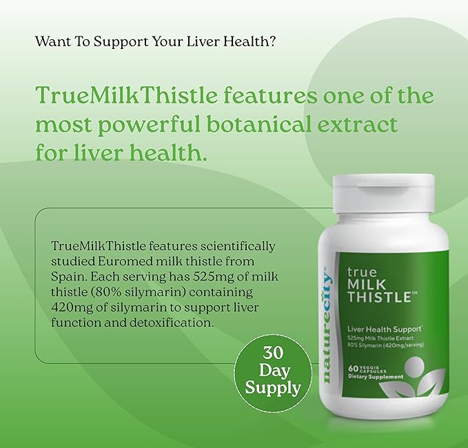 NatureCity TrueMilkThistle | Milk Thistle Supplement 525mg | Milk Thistle (80% silymarin) containing 420mg of Silymarin | Antioxidant Support | Liver Support Supplement | 60 Veggie Capsules