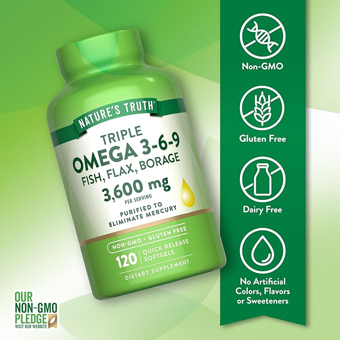 Nature's Truth Omega 3-6-9 Softgels | 3600mg | 120 Count | Fish, Flax, and Borage Oil | Triple Strength | Non-GMO & Gluten Free Supplement